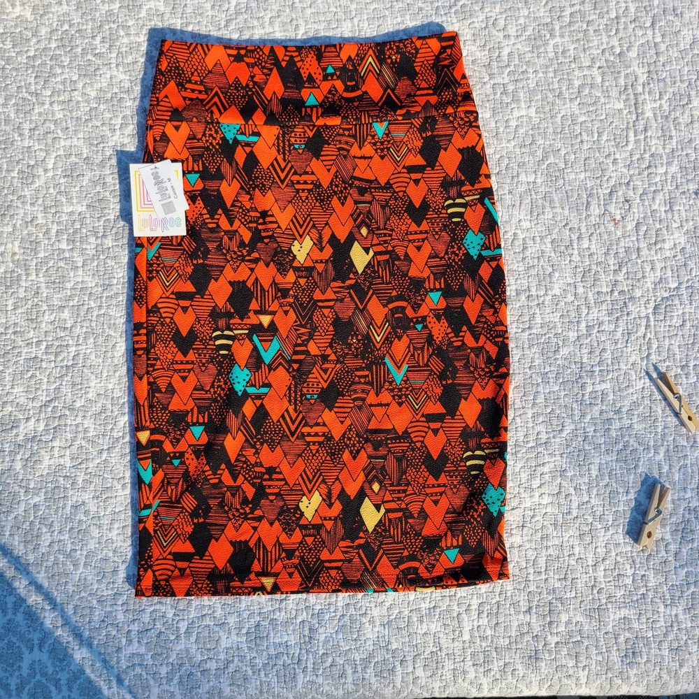 LuLaRoe Cassie Bright Orange Geometrical Print Midi Strech Skirt